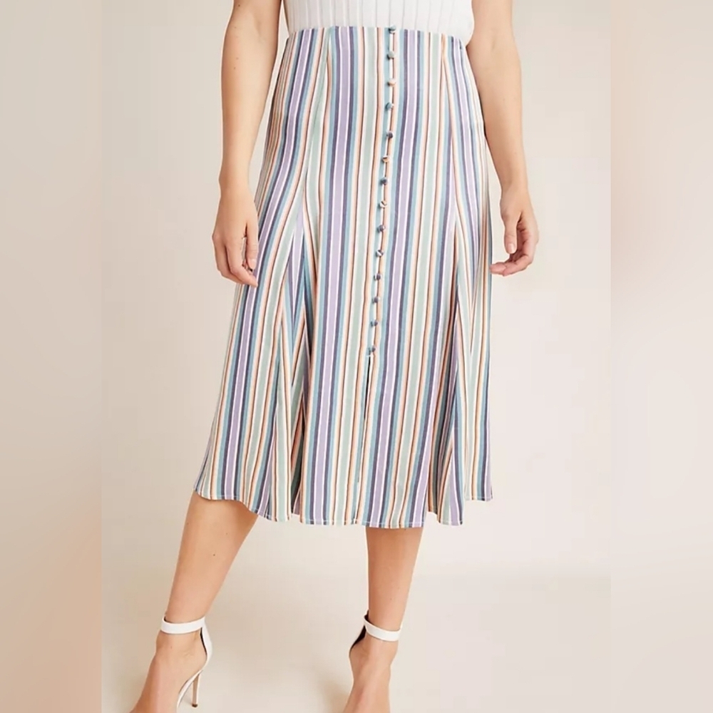 Maeve By Anthropologie Freya Striped Button Front Satin Midi Skirt In Multi US 2